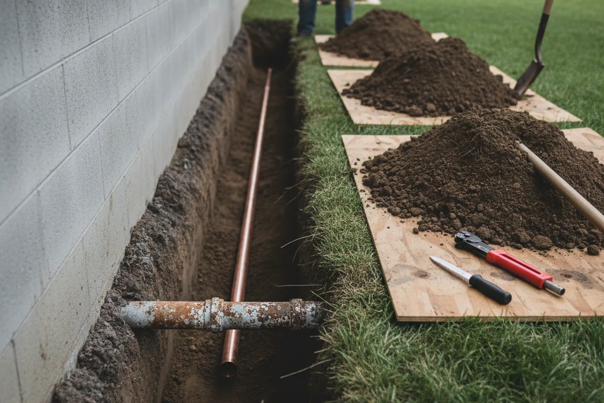 Excavated water line trench during Water Softener Installation in Rutledge